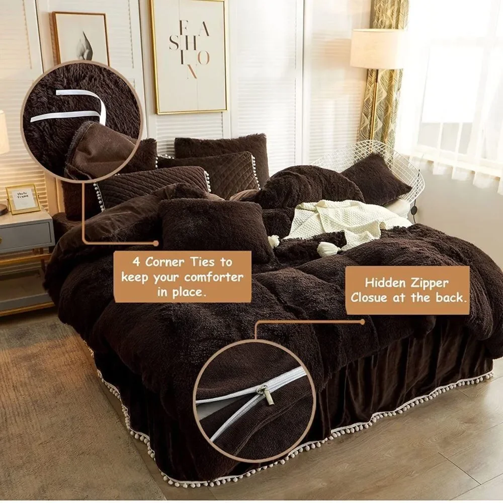 LIFEREVO Luxury Solid Plush Shaggy Duvet Cover Set Zipper Closure (Dark Brown)